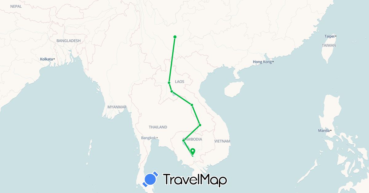 TravelMap itinerary: driving, bus in China, Cambodia, Laos (Asia)